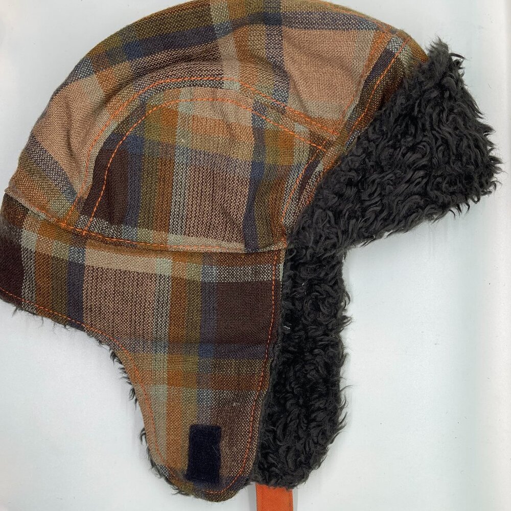 KIDS AVIATOR TROOPER HAT SZ 2T-4T BROWN PLAID W/ORANGE STRAP